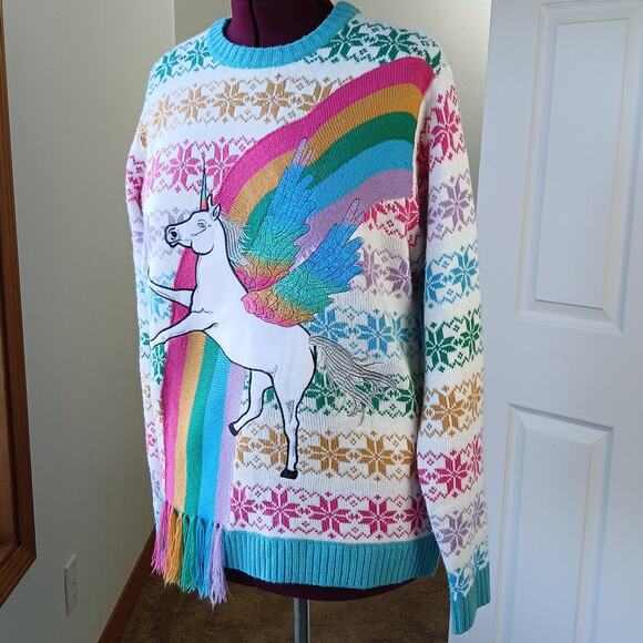33Degrees Rainbow Unicorn Sweater L fair isle snowflakes soft white tassels ugly - Picture 2 of 15